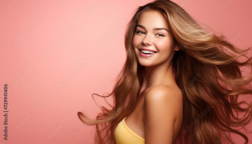 Beauty portrait of a woman with long healthy hair, hair care concept. Copyspace for text Beauty portrait of a woman with long healthy hair, hair care concept. Copyspace for text
