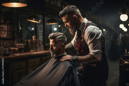 barber cutting man's hair in a hair salon or barbershop