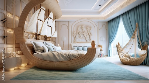 A beach-inspired kids' bedroom with nautical decor, a ship-shaped bed, and seashell accents