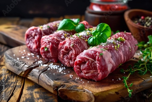 Fresh raw beef roulades on wooden table photo