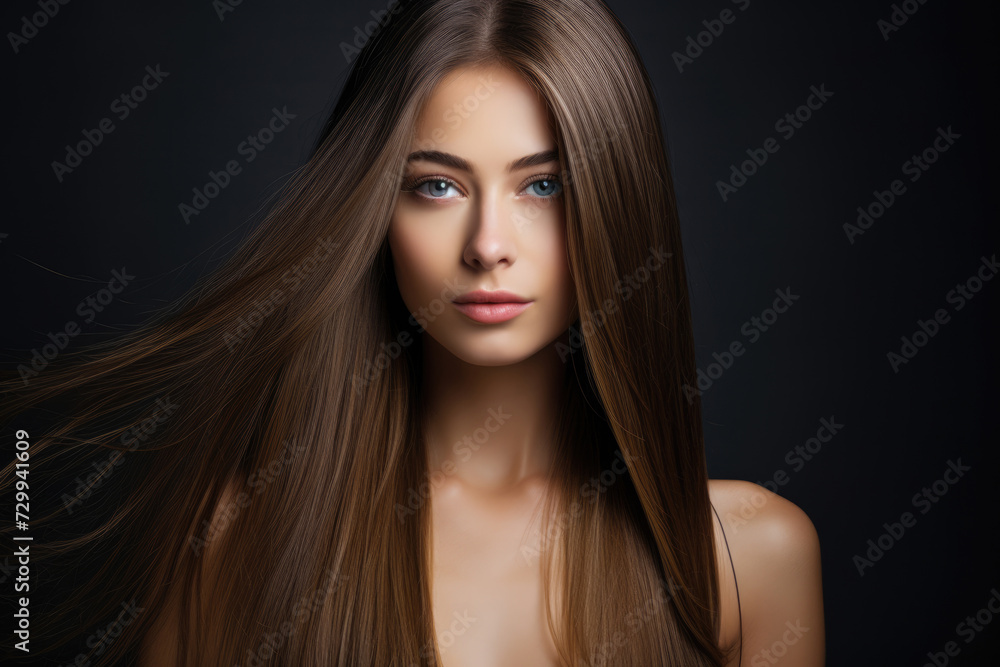 Beautiful brunette girl with long, smooth, healthy hair on a dark background Beautiful brunette girl with long, smooth, healthy hair on a dark background