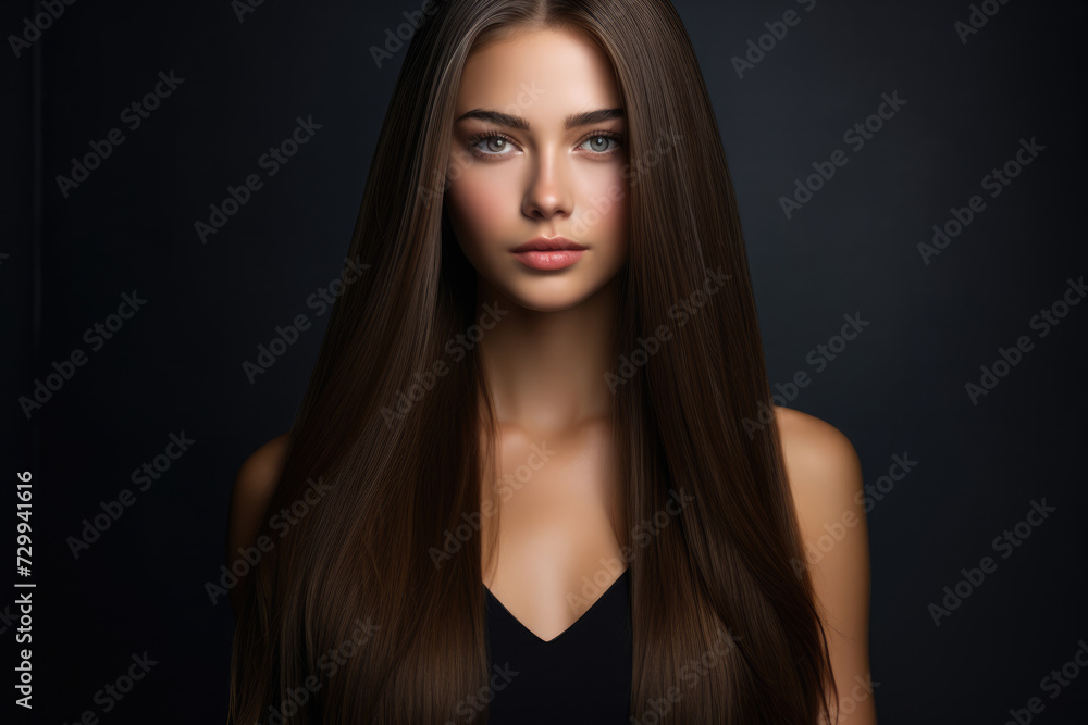 Fototapeta premium Beautiful brunette girl with long, smooth, healthy hair on a dark background