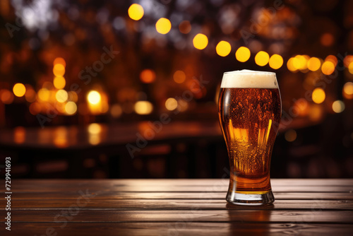 Glass of beer on wooden table on blurred bokeh background