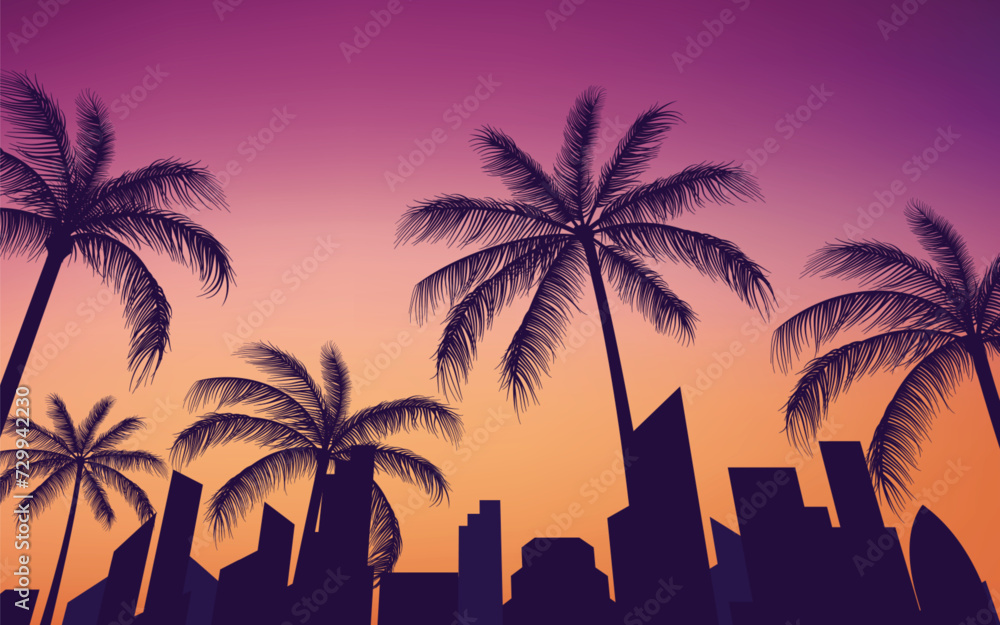 Fototapeta premium silhouette city skyline view with palm trees background
