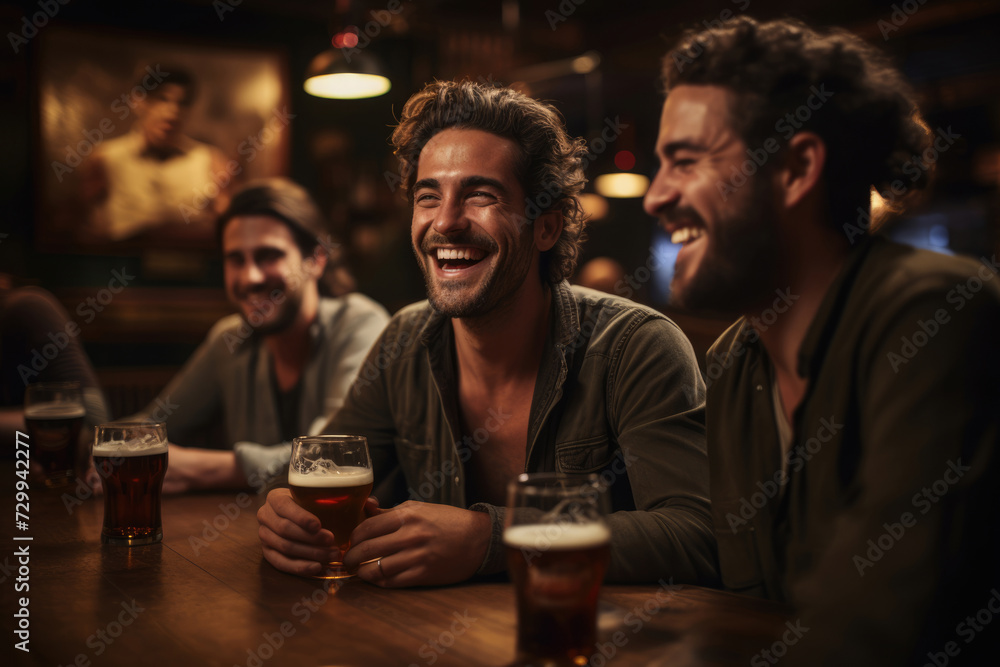 Men talking and drinking beer in a bar