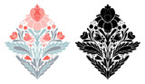 Vector set of floral cliparts for Valentines day. Collection of decorative folk art illustrations symmetrical flowers, hearts