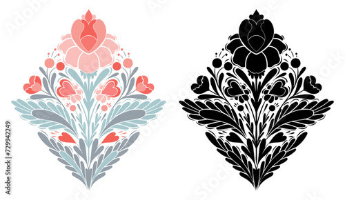 Vector set of floral cliparts for Valentines day. Collection of decorative folk art illustrations symmetrical flowers, hearts