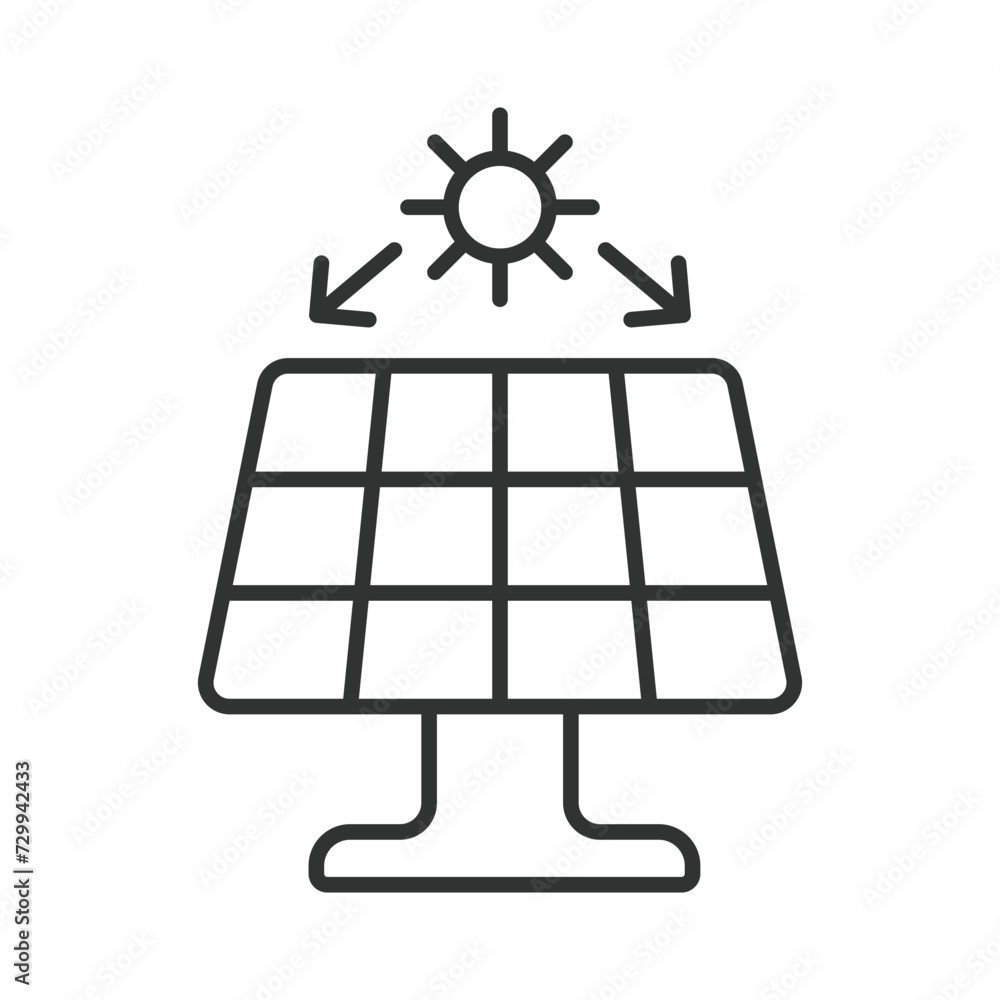 Solar panel with the sun icon in line design. Panel, sun, power, renewable, photovoltaic, electricity, solar power isolated on white background vector. Solar panel editable stroke icon.