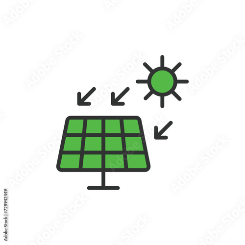Solar panel with the sun icon in line design green. Panel, sun, power, renewable, photovoltaic, electricity, solar power isolated on white background vector. Solar panel editable stroke icon.