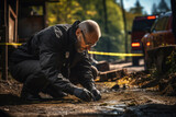 Police detective forensic expert criminologist collecting evidence at a crime scene