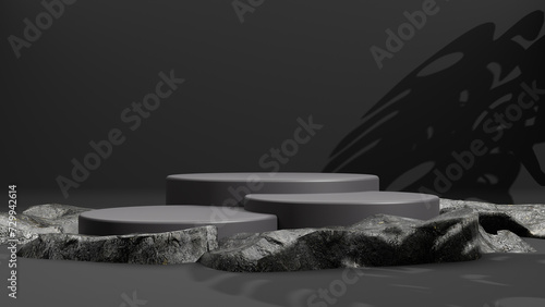 Abstract Background. Black podium for premium products display, Black marble pedestal nature advertising cosmetic concept and shadow of monstera tree on black background. 3d rendering