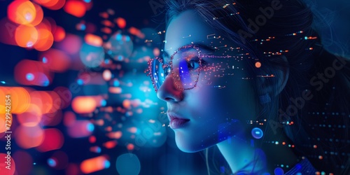 woman look up portrait in vr glasses hologram, glowing virtual headset with connection, earth sphere and lines.
