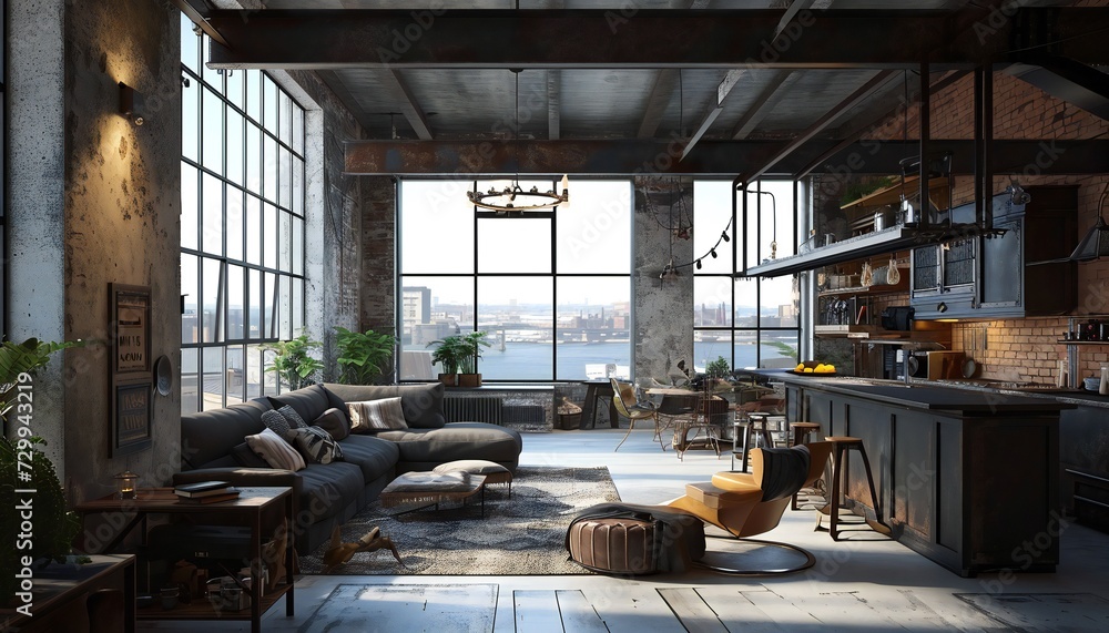 View of Living room interior in loft industrial style. Stock Photo | Adobe Stock