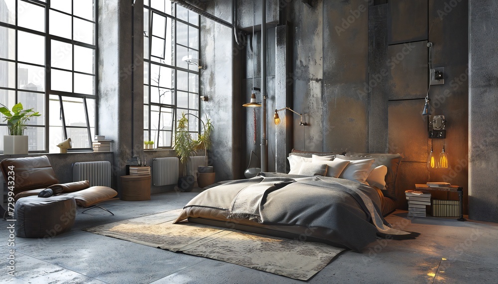 Luxury bedroom interior with minimal decor and loft design. Luxury bedroom interior with minimal decor and loft design.
