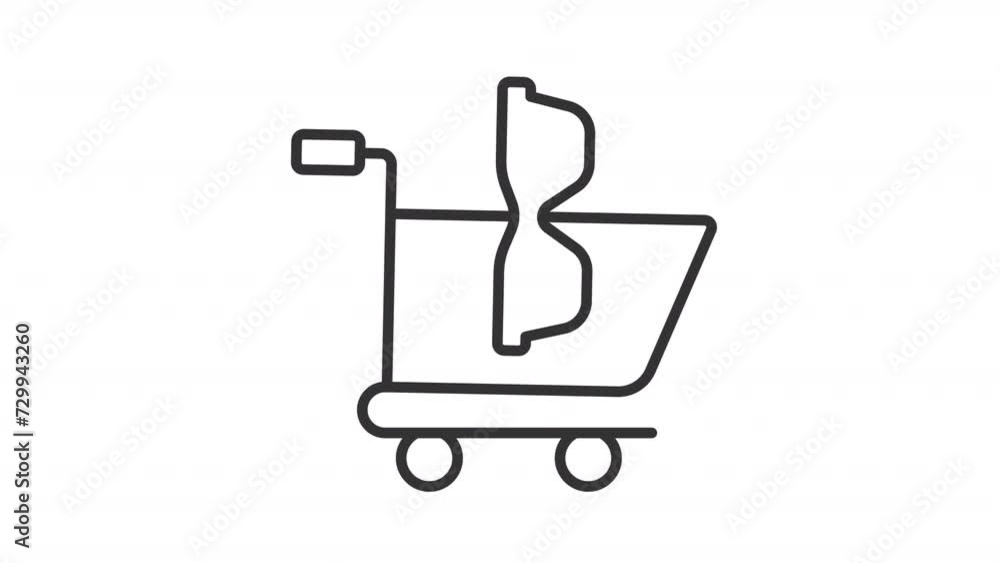 Animated buying glasses icon. Shopping cart sunglasses line animation. Optical shop. Eye care medical equipment. Black illustration on white background. HD video with alpha channel. Motion graphic Animated buying glasses icon. Shopping cart sunglasses line animation. Optical shop. Eye care medical equipment. Black illustration on white background. HD video with alpha channel. Motion graphic