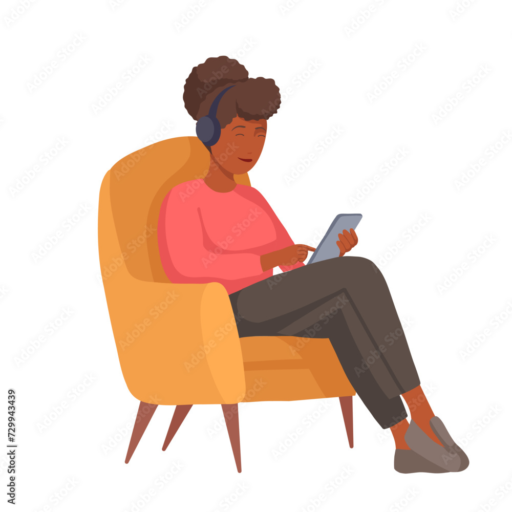 Vector flat illustration of a african-american woman sitting in a chair with a mobile phone in warm colors. Freelance business correspondence. Vector flat illustration of a african-american woman sitting in a chair with a mobile phone in warm colors. Freelance business correspondence.