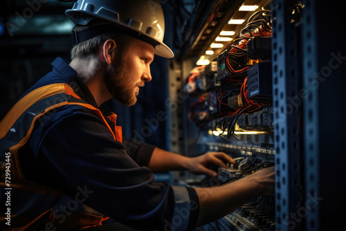 Male electrician working in control panel