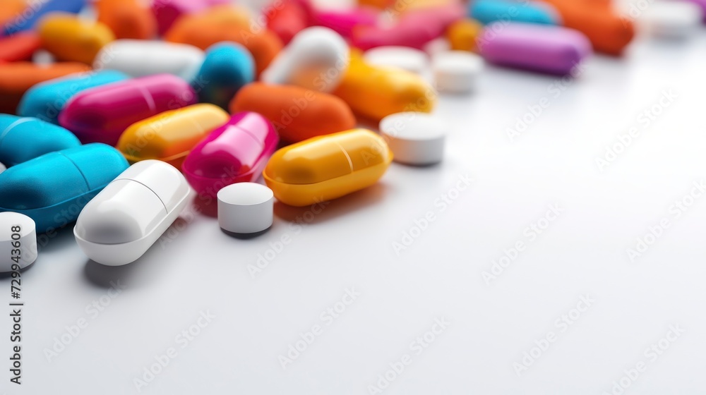 Colorful pills on a white background.