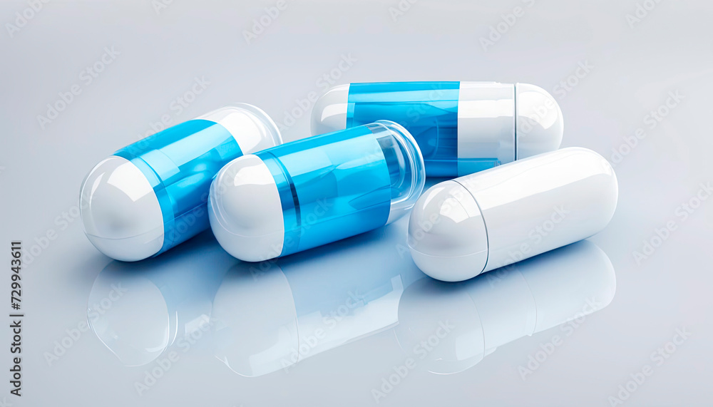 Group of blue and white medicine pill capsules on blue background. Antibiotics