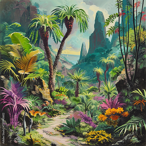 landscape, plants, peter palombi style, encyclopedia illustration, prehistoric, vintage, 50s style photo