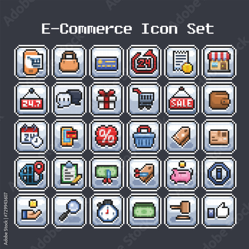 ecommerce icon set in pixel art style