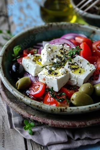 Rustic Greek salad with sheep's cheese. Vertical orientation photo