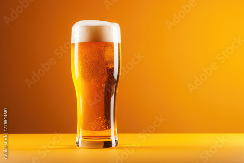 Glass of beer with foam on yellow background. Copyspace for text