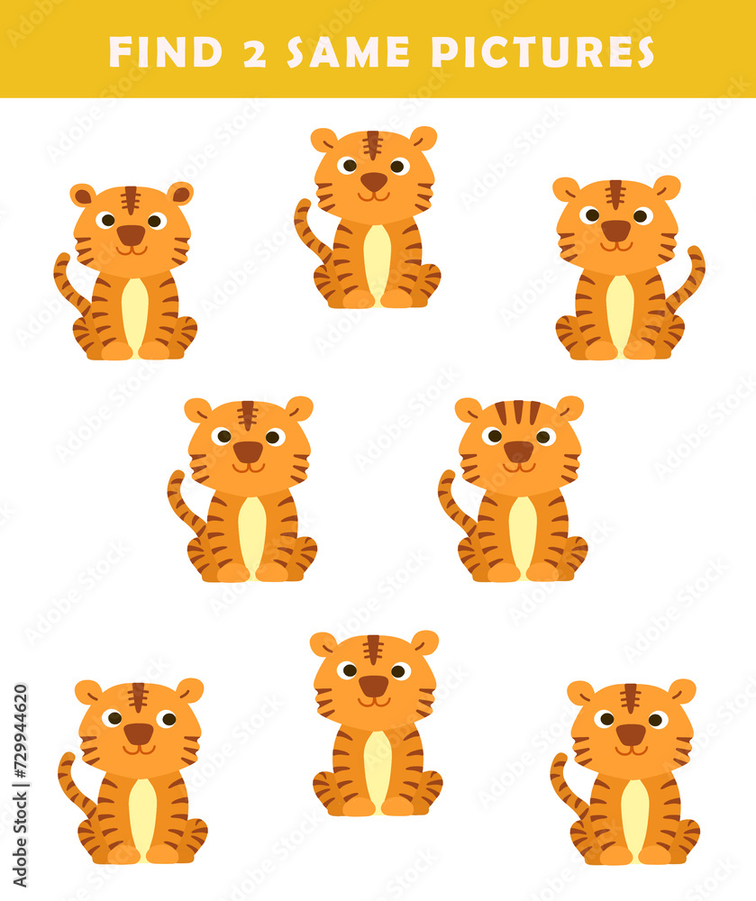 Find 2 same tigers .Puzzle game for children. Preschool worksheet activity for kids. Educational game. Find 2 same tigers .Puzzle game for children. Preschool worksheet activity for kids. Educational game.