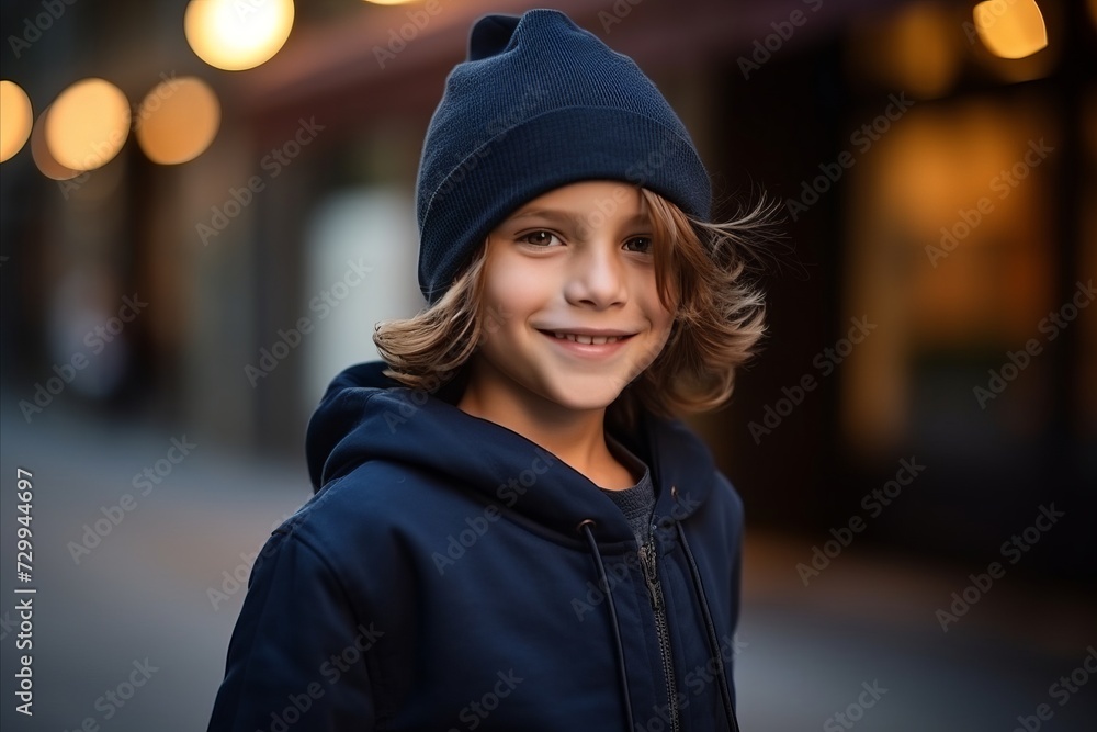 Portrait of a smiling boy in a hat and coat on the street Portrait of a smiling boy in a hat and coat on the street