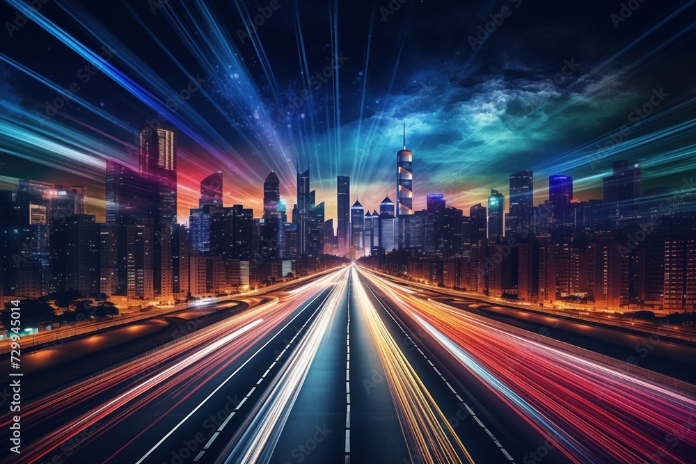 A captivating city skyline at night with streaking light trails on the highway and an ethereal cosmic sky, blending urban life with celestial wonder