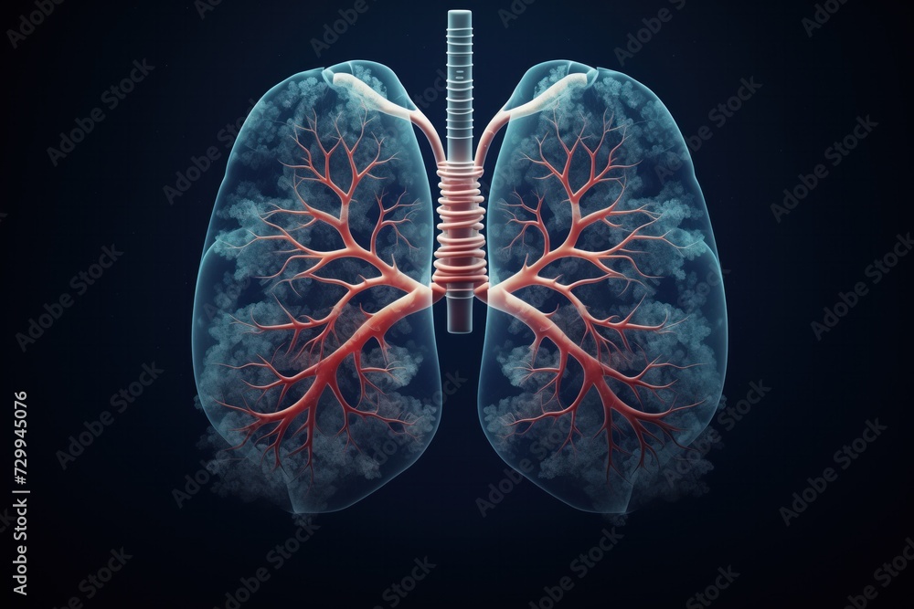 A detailed anatomical image of the lungs and trachea, highlighting the vascular tree within, set against a deep blue background to emphasize the respiratory system's complexity and function - obrazy, fototapety, plakaty 