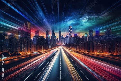 A captivating city skyline at night with streaking light trails on the highway and an ethereal cosmic sky, blending urban life with celestial wonder