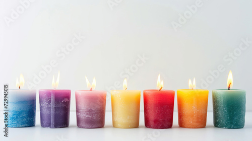 Vibrant, colorful candles lined up against a clean white background, each candle burning brightly