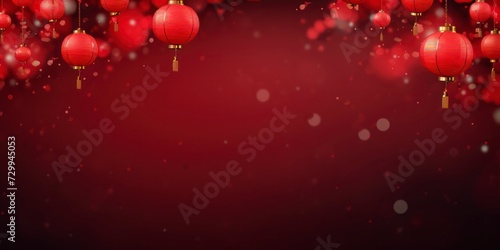 Chinese lanterns on red background with bokeh effect.