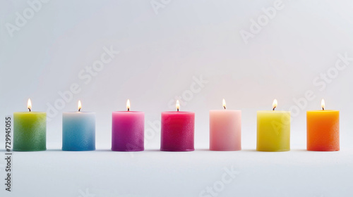 Vibrant  colorful candles lined up against a clean white background  each candle burning brightly