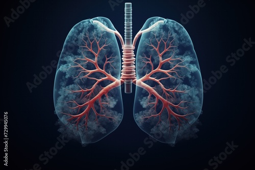 A detailed anatomical image of the lungs and trachea, highlighting the vascular tree within, set against a deep blue background to emphasize the respiratory system's complexity and function photo