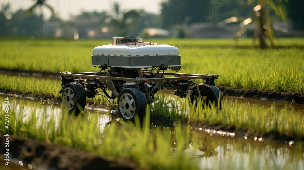 Automated Agriculture: Artificial Intelligence powered robot for planting seeds and irrigation, Smart Internet of things futuristic AI robotic innovation