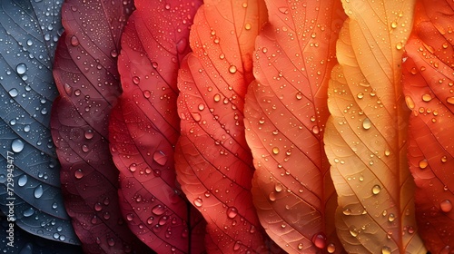 A vibrant gradient of leaves with fresh water droplets, showcasing nature's textures and colors after rain. photo