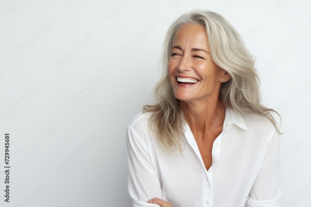 Happy mature woman smiling and looking at the camera while standing against grey background Happy mature woman smiling and looking at the camera while standing against grey background
