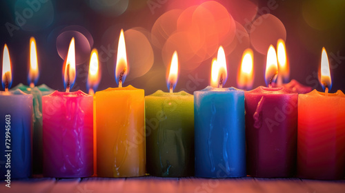 Multicolored candles, their flames dancing together, creating a vibrant spectacle