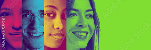 Collage. Young people different gender, age and nationality smiling against multicolored background. Duotone. Concept of youth, diversity, human emotion, equality. Banner