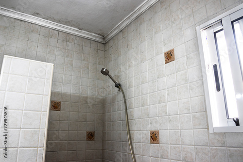 A bathroom with mold on the ceiling. Mold and stain cleaning.