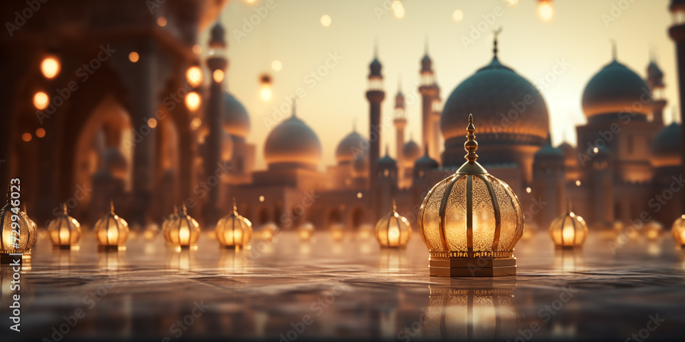 Arabic lanterns with sunrise over the mosque in background and copyspace. Ramadan holiday concept.