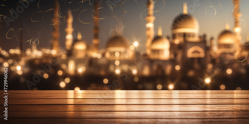 Arabic city night lights with wooden copyspace. Ramadan holiday concept.