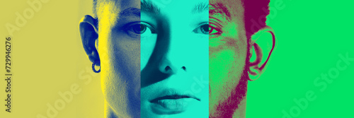Collage. Cropped faces of young people of different age, gender and nationality forming human face against multicolored background. Duotone. Concept of youth, diversity, human emotions