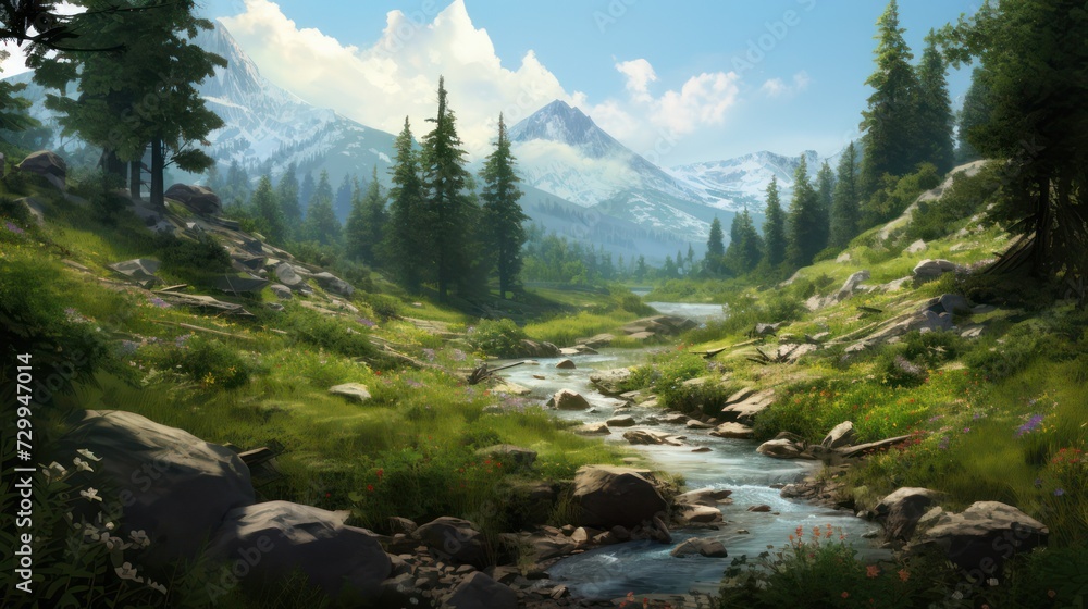 View of creek in valley spruce tree forest with mountains in background.