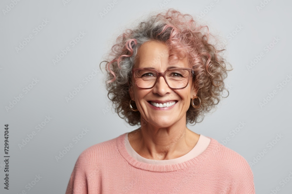 Portrait of a smiling senior woman in eyeglasses looking at camera against grey background Portrait of a smiling senior woman in eyeglasses looking at camera against grey background