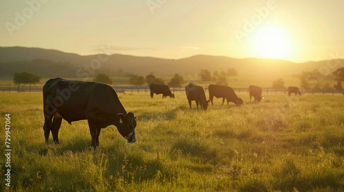 Cows grazing peacefully in the warm sunset glow