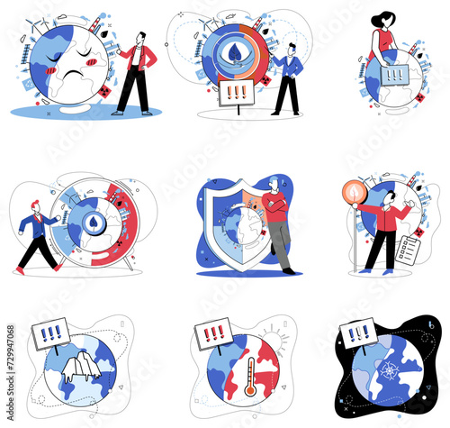 Climate vector illustration. A planet earth plagued by climate change necessitates immediate global action for environmental preservation Weather patterns are intricately linked to delicate dance