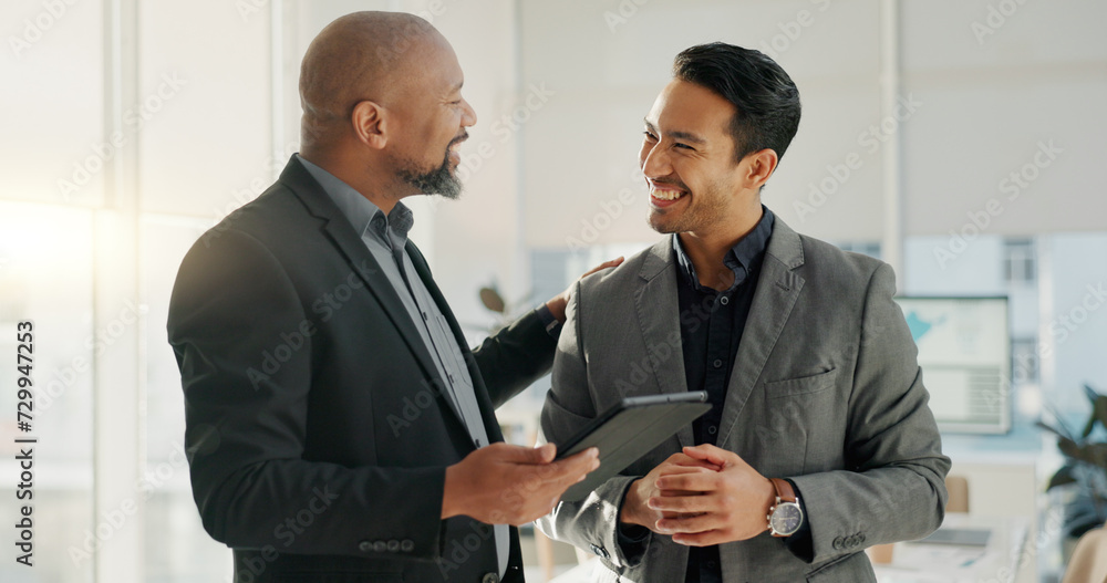 Talking, tablet and happy business people teamwork, cooperation or discussion on sales news, results or report. Communication, partnership and professional team reading success data, insight or stats Talking, tablet and happy business people teamwork, cooperation or discussion on sales news, results or report. Communication, partnership and professional team reading success data, insight or stats